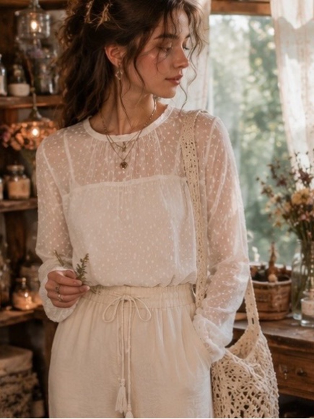 Cream Lace Sheer Polka Dot Shirt Boho Fairycore Festival Top Whimsigoth Medieval